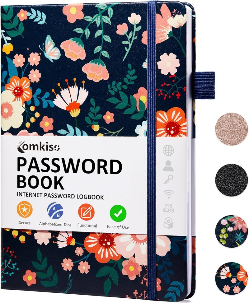 COMKISO Store Password Book with Individual Alphabetical Tabs Laminated, Large Print Password Keeper Book for Seniors, A5 Hardcover Internet Password Log Book to Record Website Login Details - Floral - Image 1